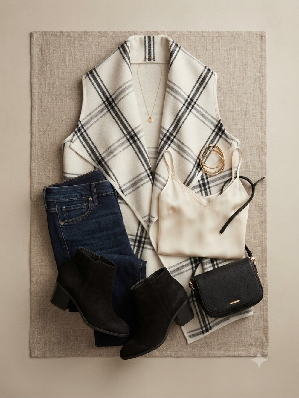 ETWO Black White Plaid Print Waterfall Open Front Cardigan Vest